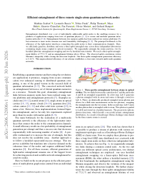 Efficient entanglement of three remote single-atom quantum-network nodes